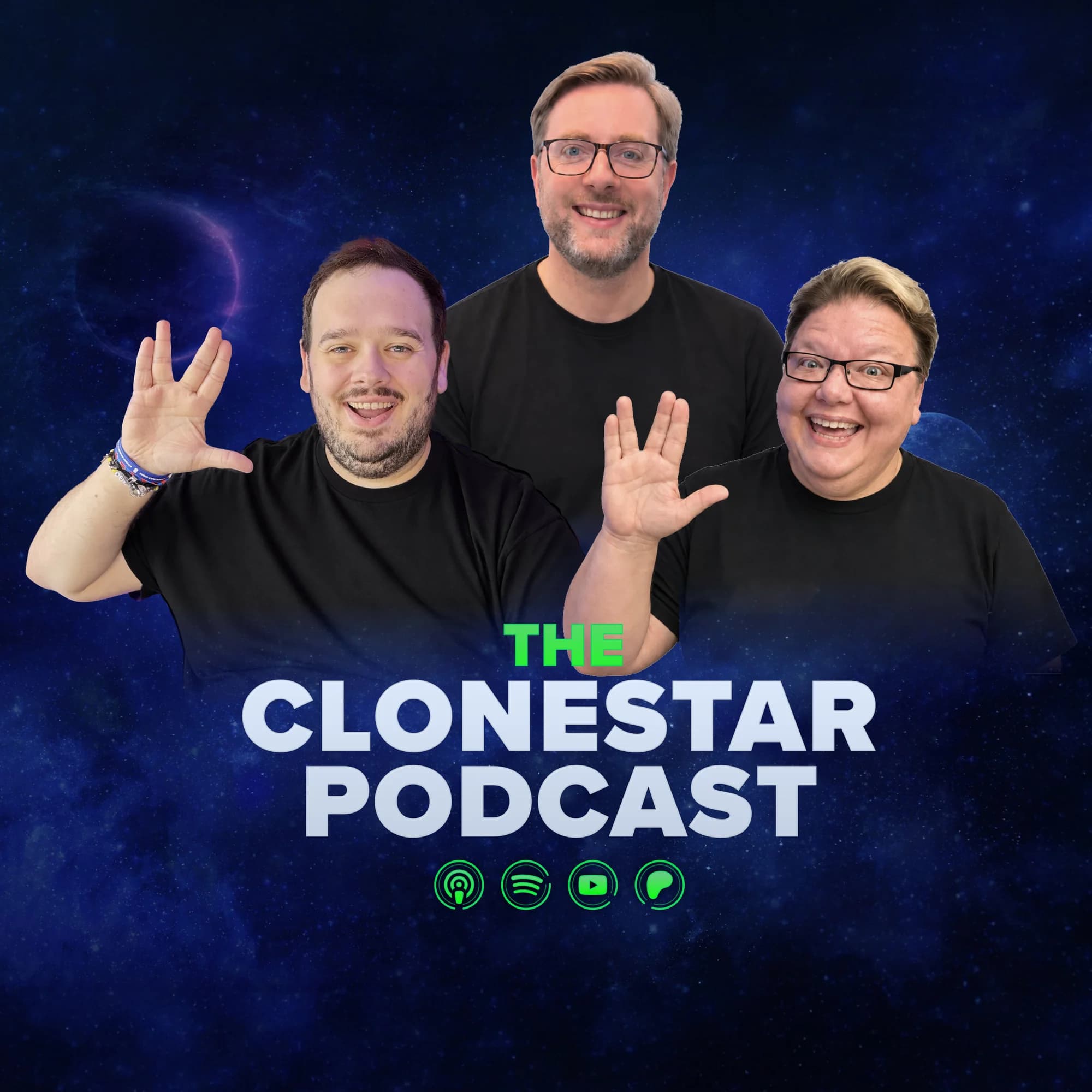 Clonestar Podcast cover art with the three hosts above the wordmark