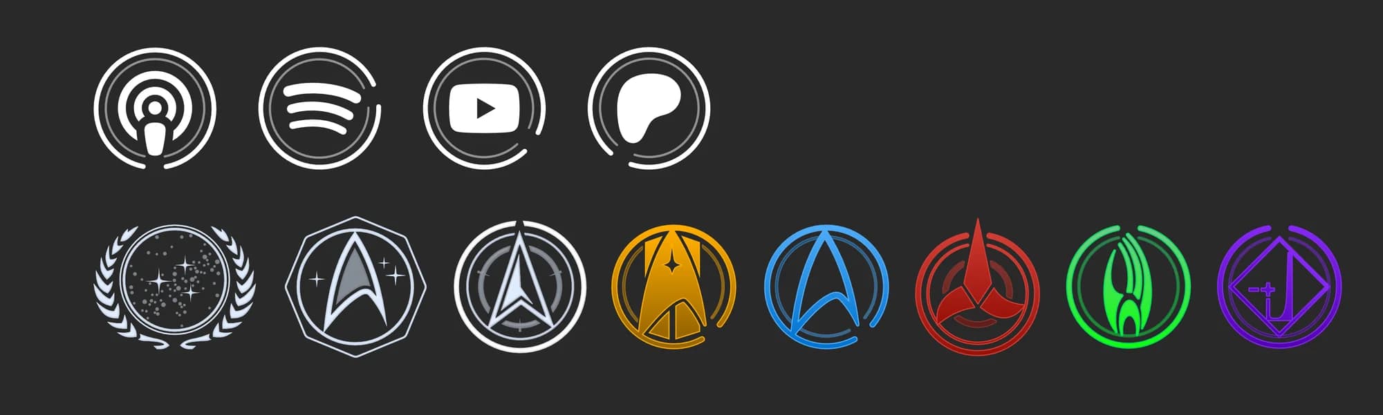 Platform icons and eight coloured faction emblems, all in the same ring style
