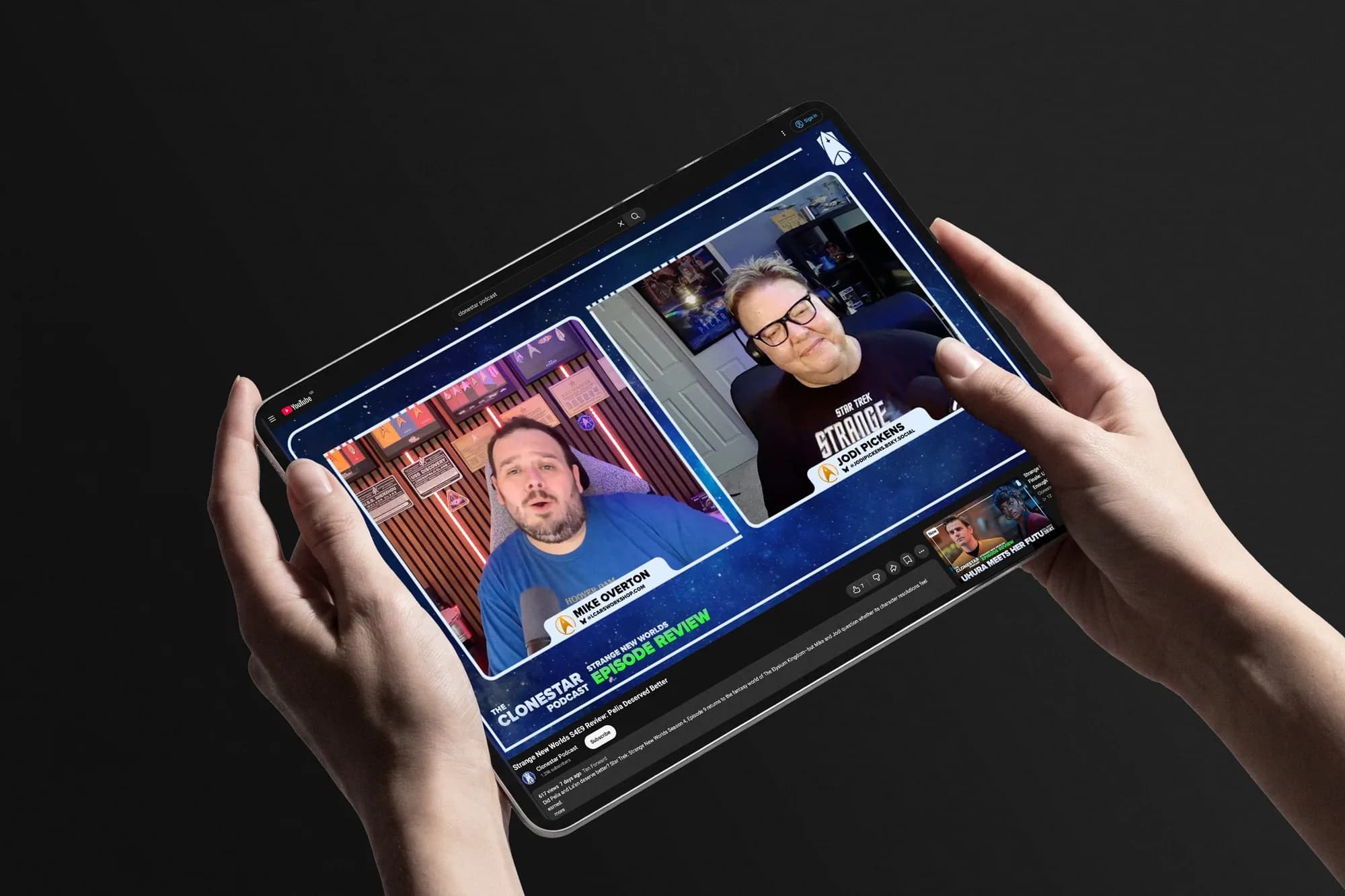 A Clonestar episode review playing on YouTube on an iPad, with branded name cards for each host