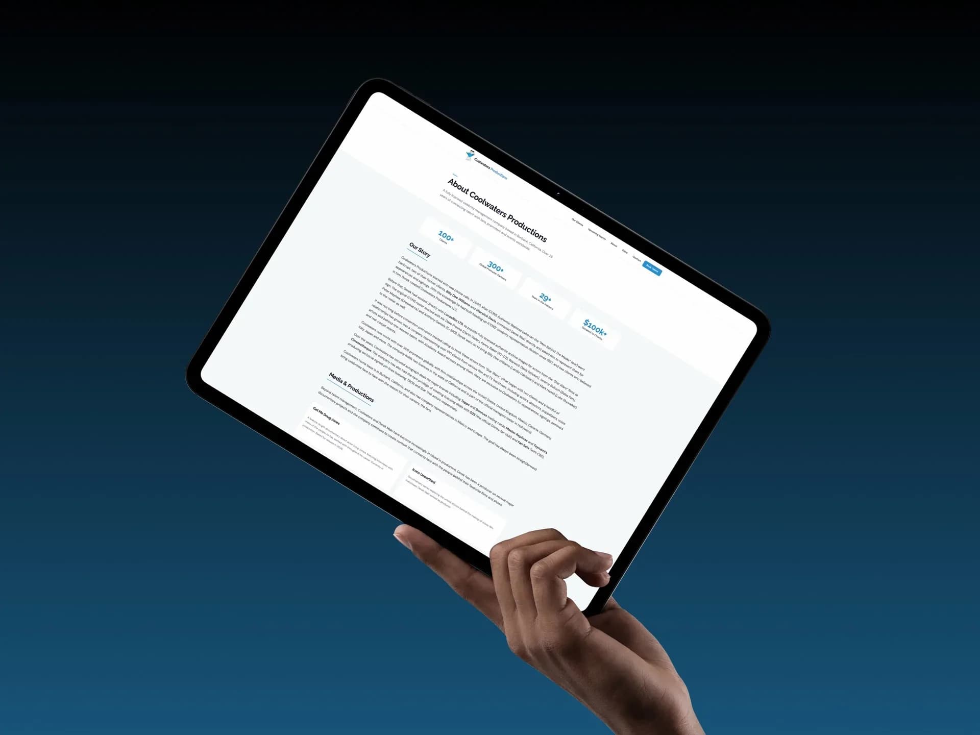 The Coolwaters About page on an iPad held in one hand