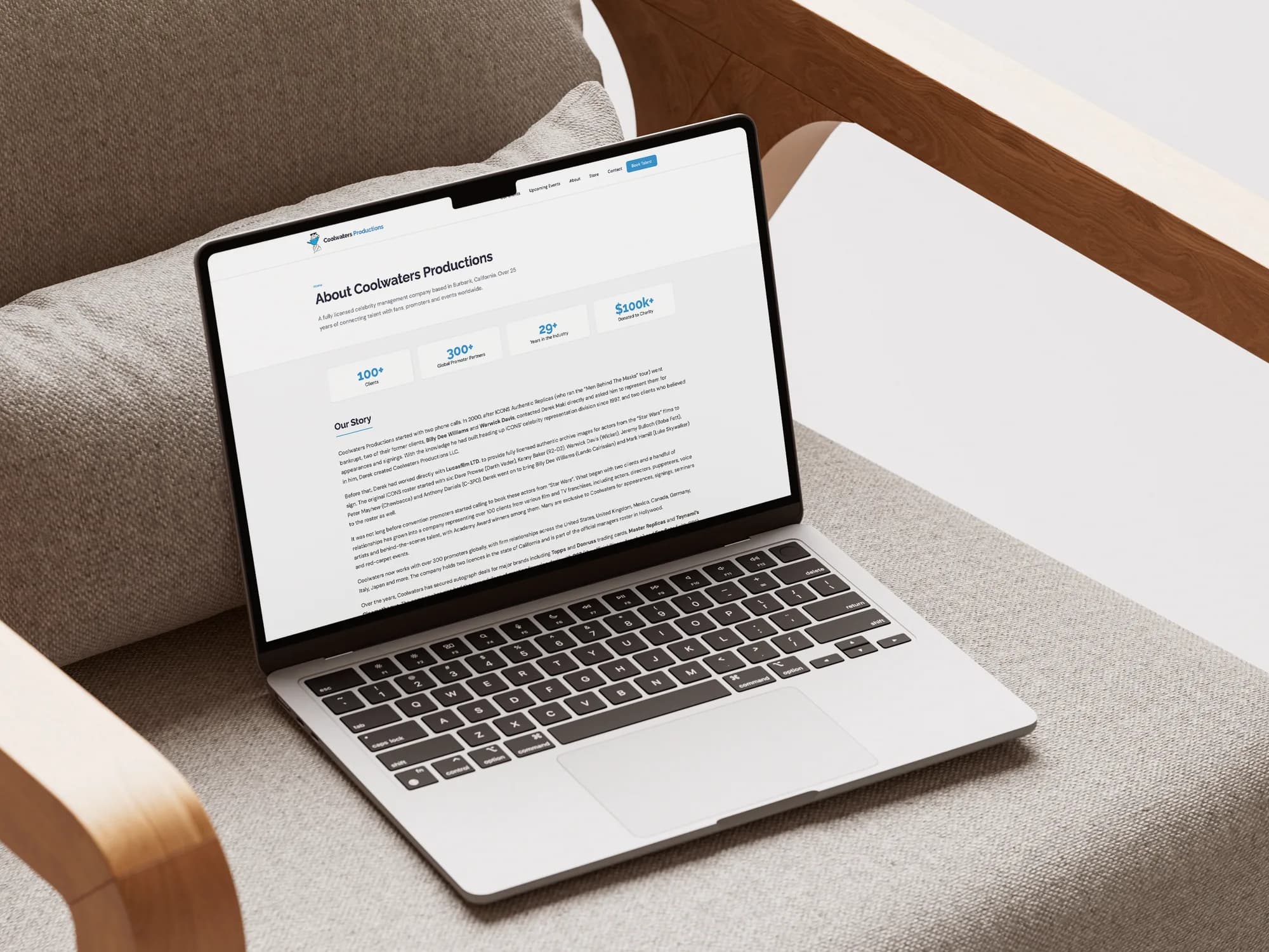 The Coolwaters Productions About page open on a MacBook