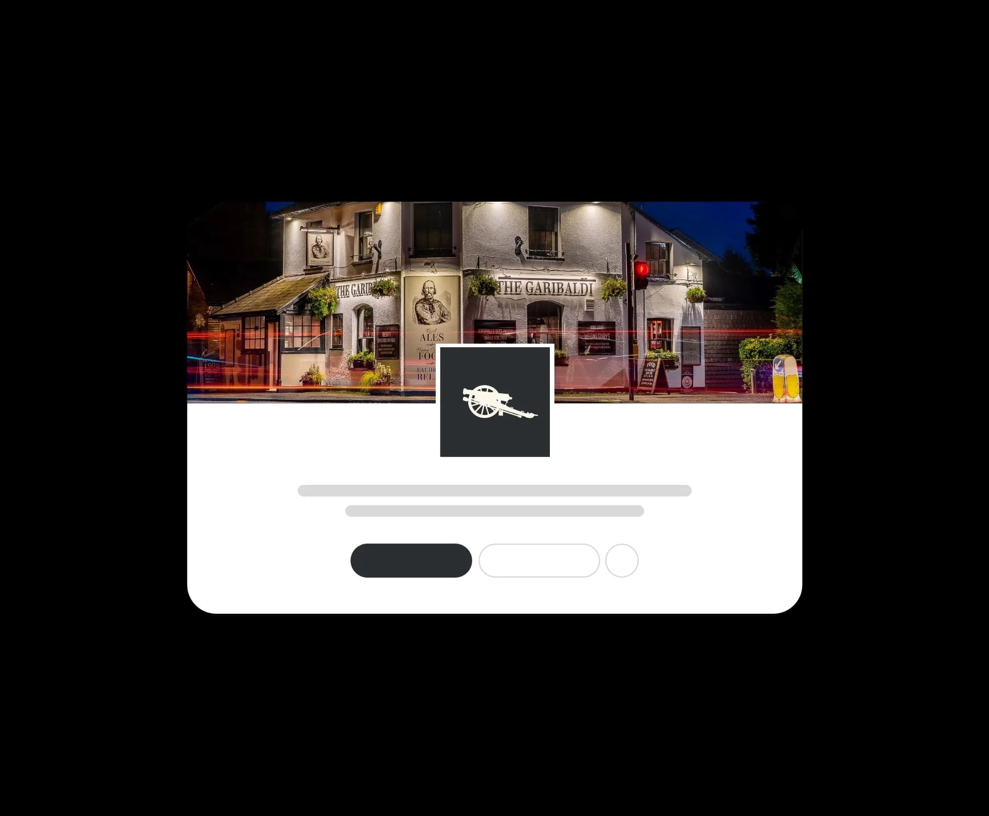 A social profile layout for The Garibaldi: the pub at night as the cover photo and the cannon as the avatar
