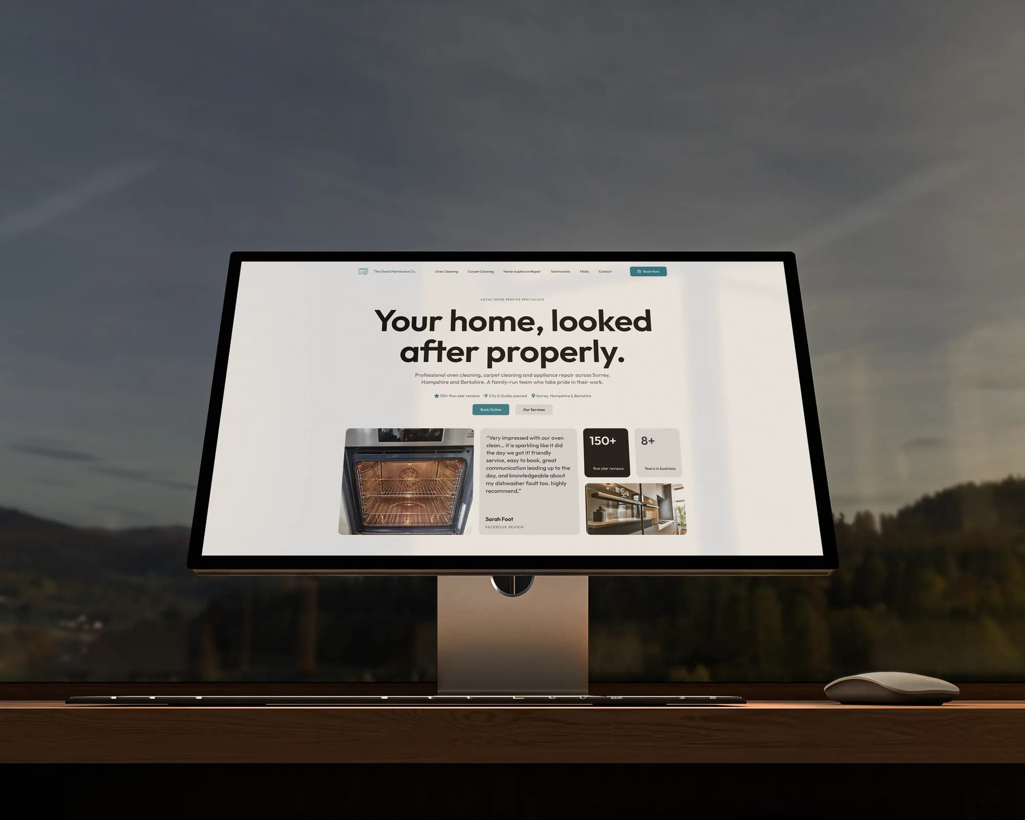 The Good Homecare Co. homepage on a Studio Display at dusk: Your home, looked after properly