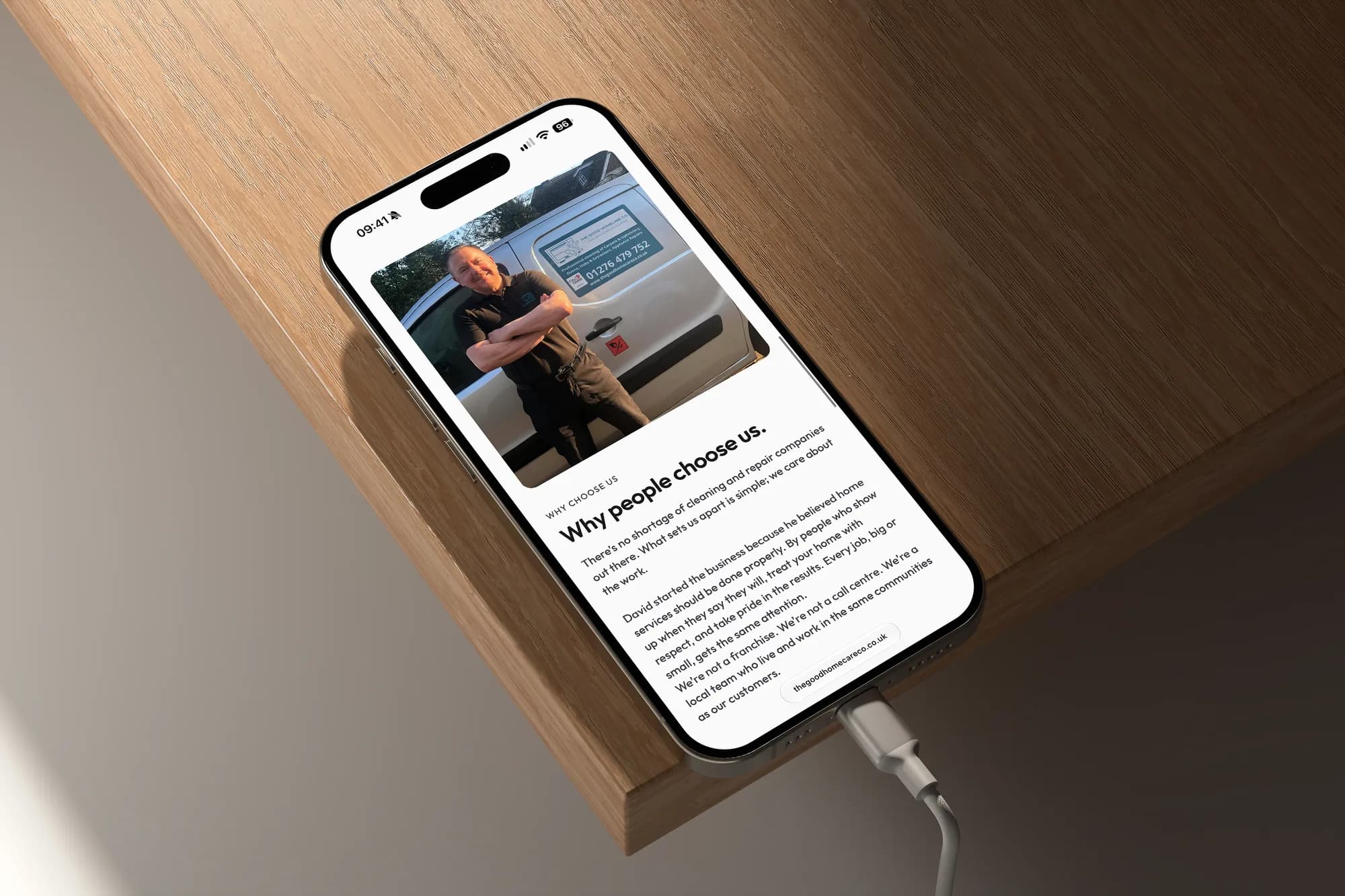 The Why people choose us section on a phone, with a photo of David beside his van