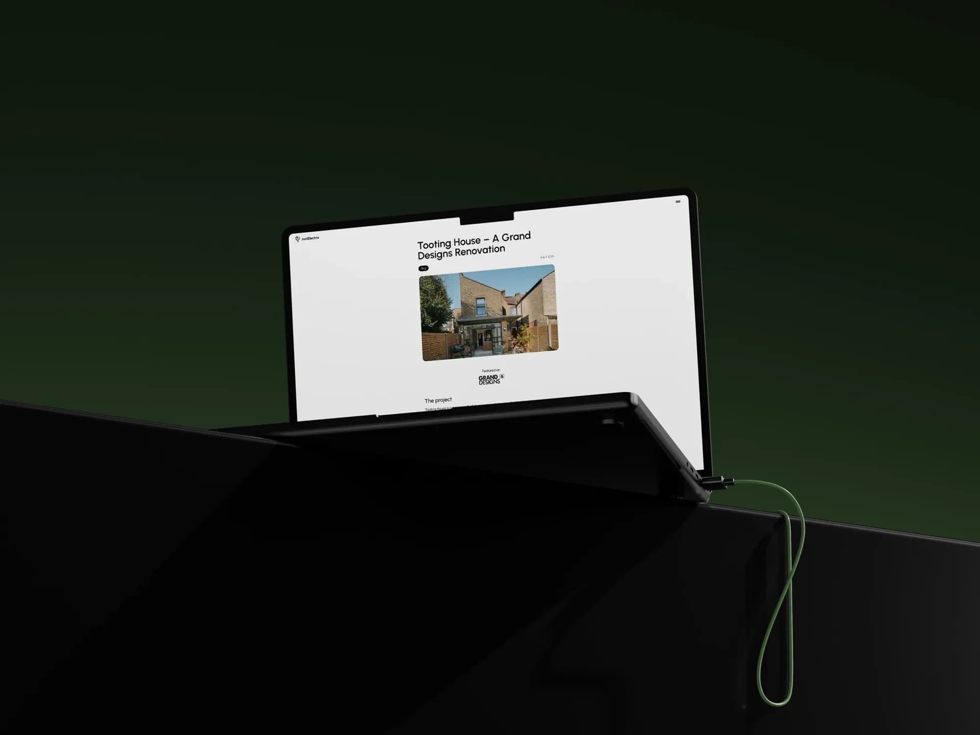 The Tooting House case study, featured on Grand Designs, open on a laptop against a dark green background