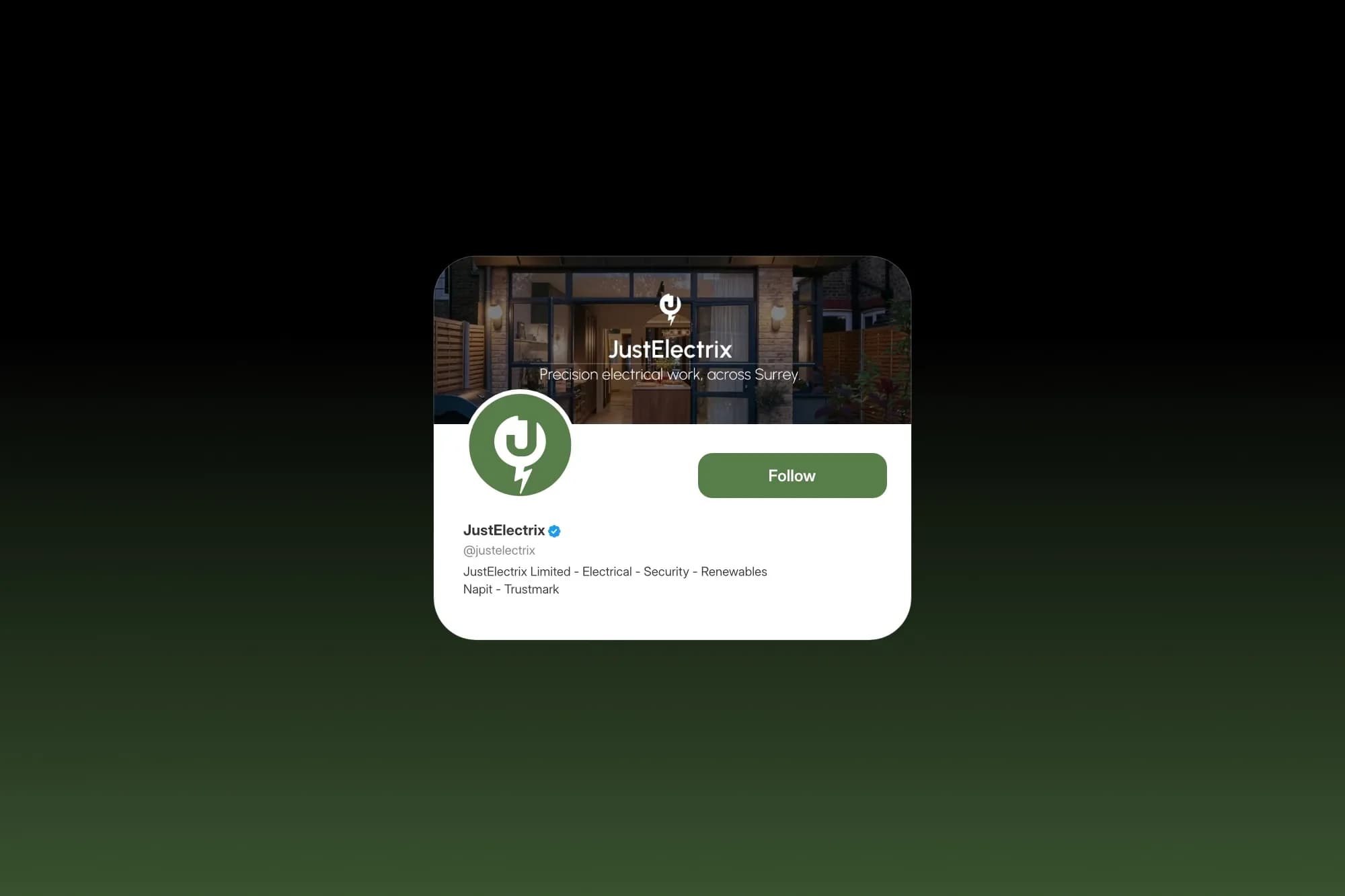 The JustElectrix social media profile with a cover photo, green logo and Follow button