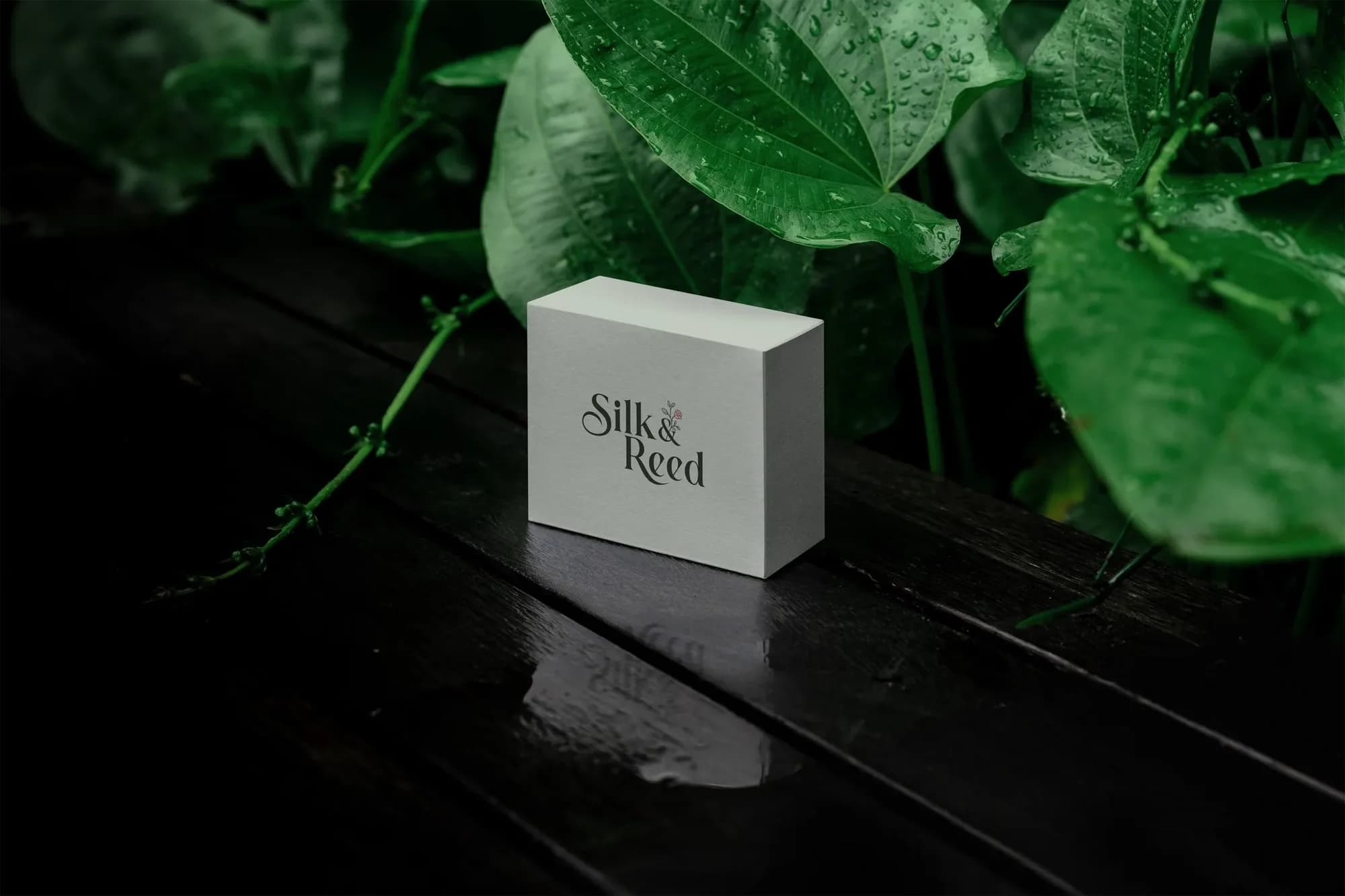 A pale sage Silk & Reed gift box on dark wet decking, surrounded by rain covered leaves