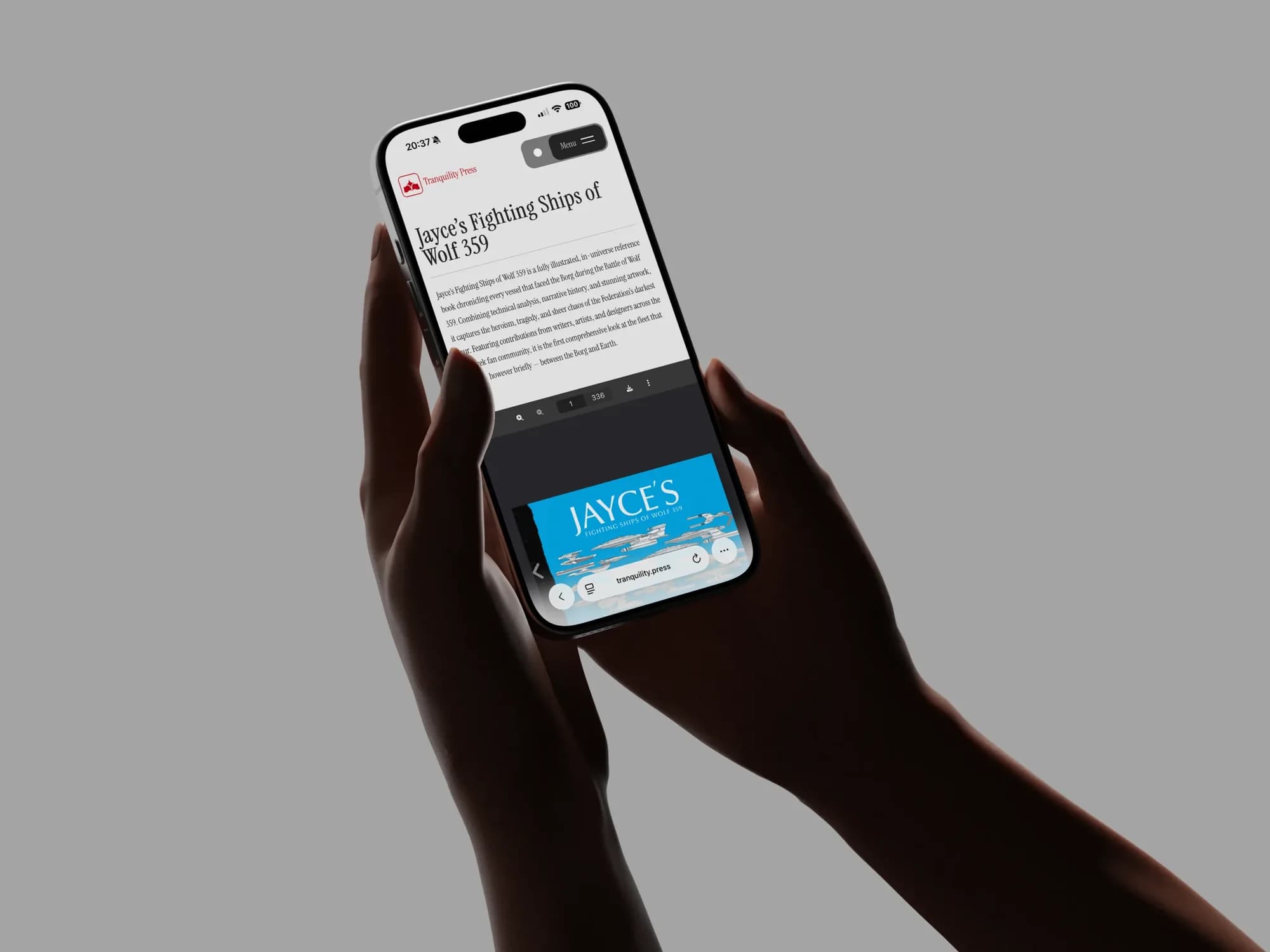 Jayce’s Fighting Ships of Wolf 359 open on an iPhone, with the book readable right on the page