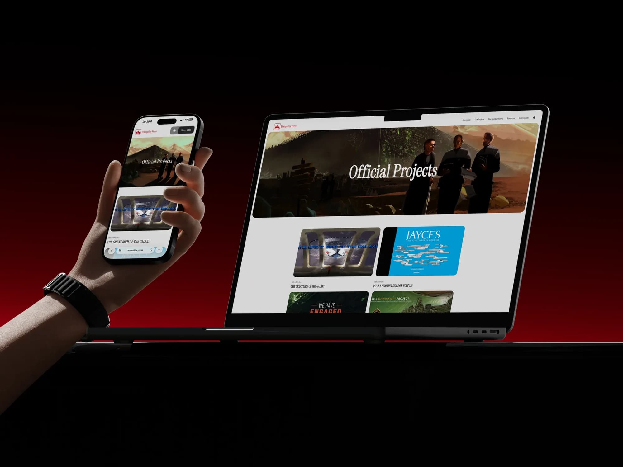 The Official Projects page on a laptop and a phone, showing The Great Bird of the Galaxy and Jayce’s Fighting Ships of Wolf 359