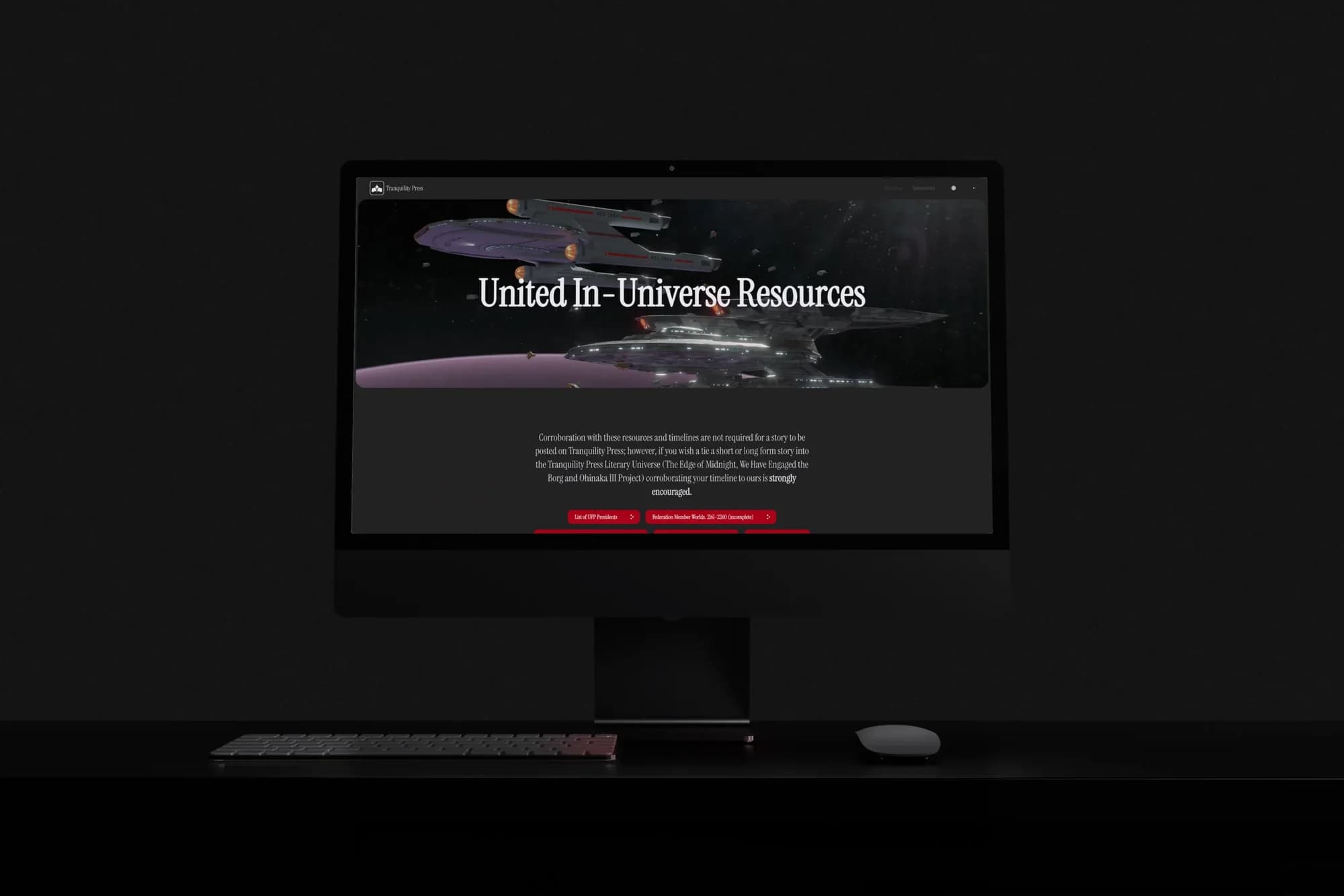 The United In-Universe Resources page on an iMac, with starships over a purple planet