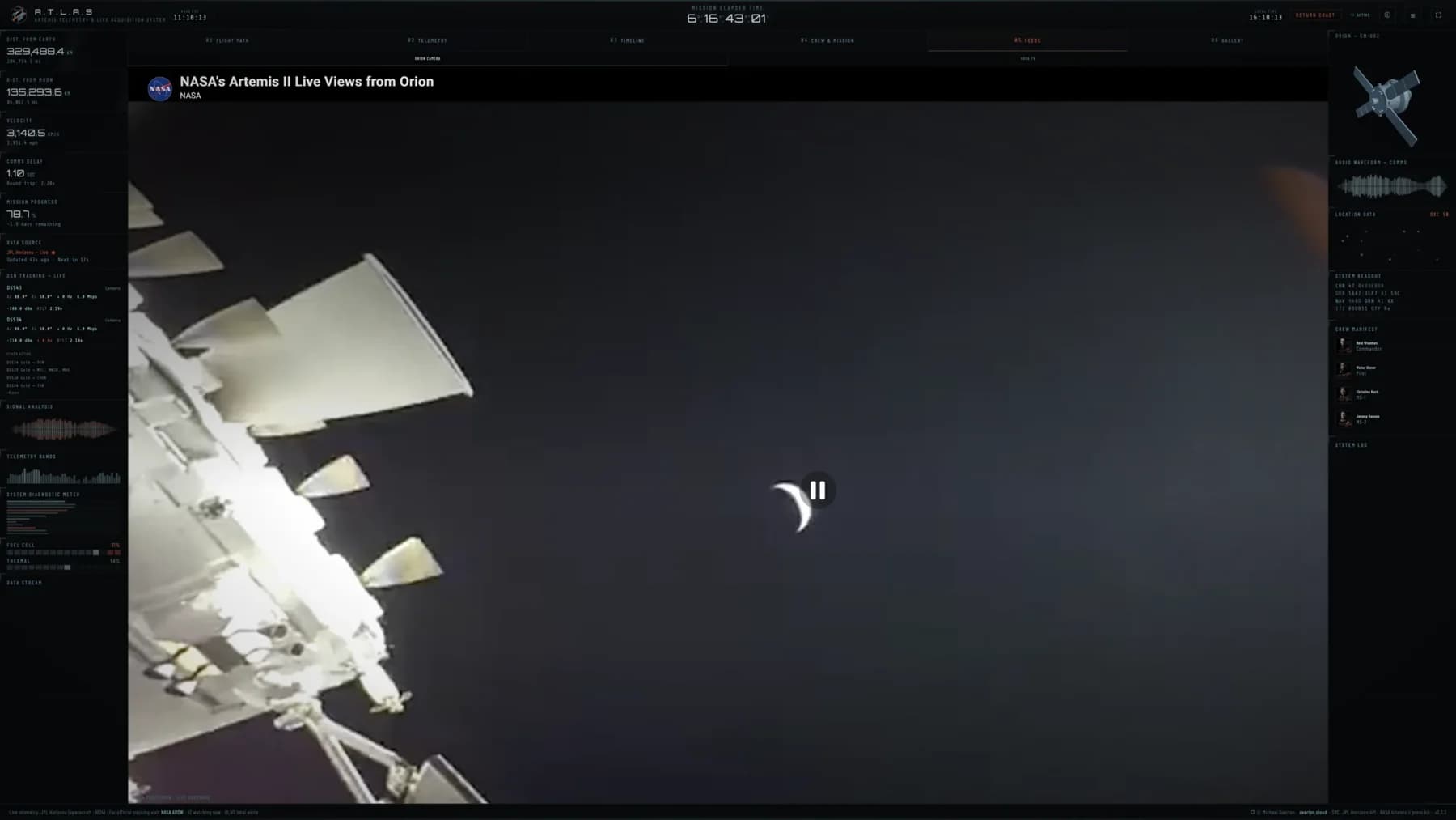 NASA’s live video feed from Orion playing inside the dashboard