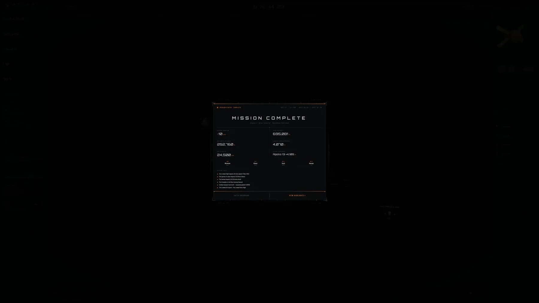 The mission complete summary panel with distance, velocity and crew