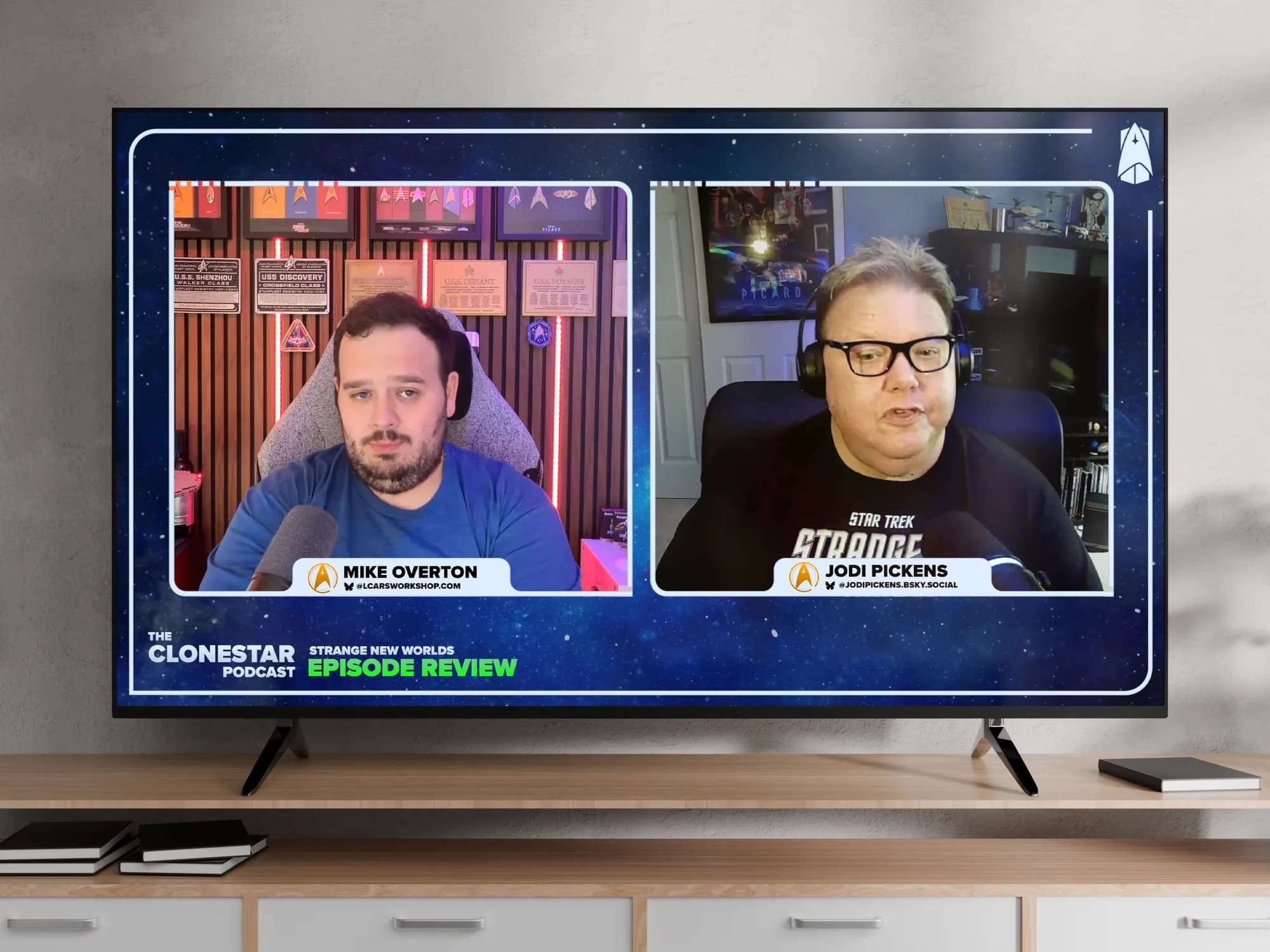 A Clonestar episode review on YouTube on a living room TV, with branded name cards for Mike and Jodi