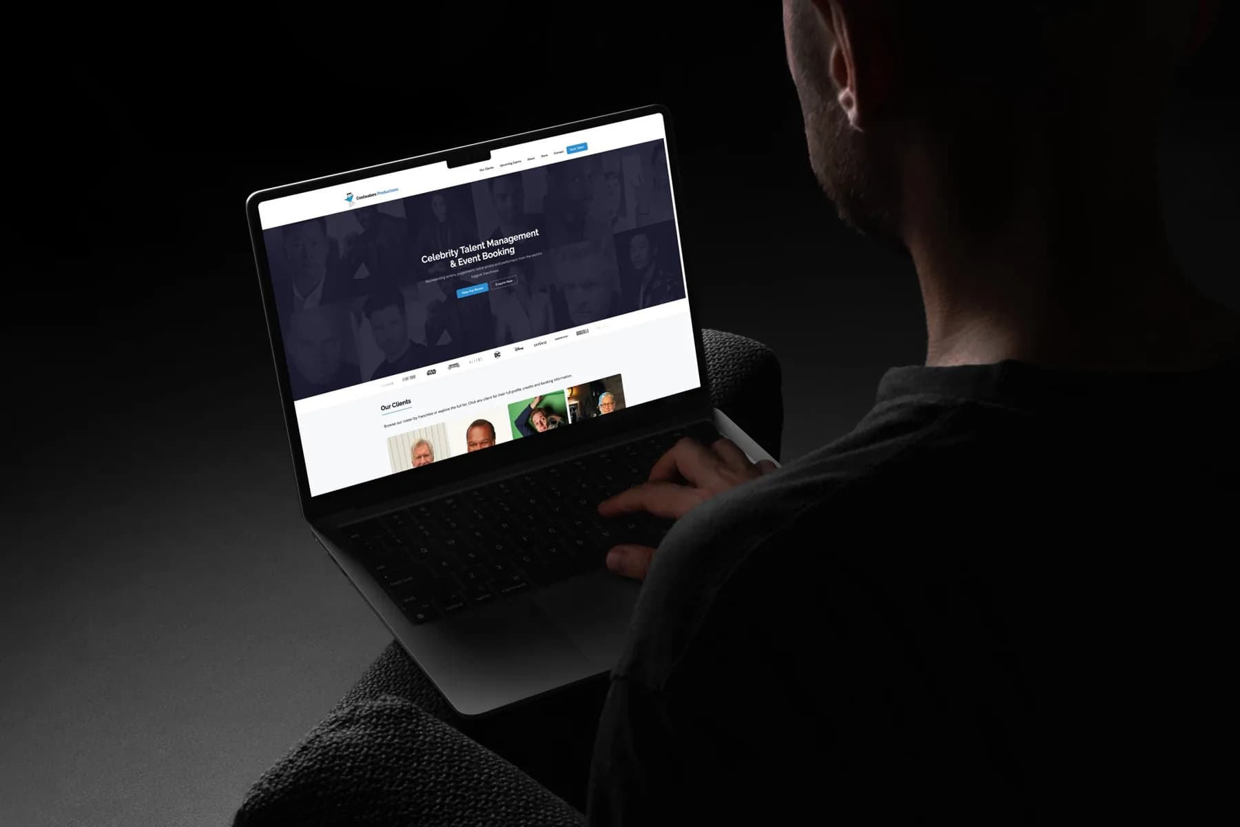 The Coolwaters Productions website on a laptop, seen over someone’s shoulder