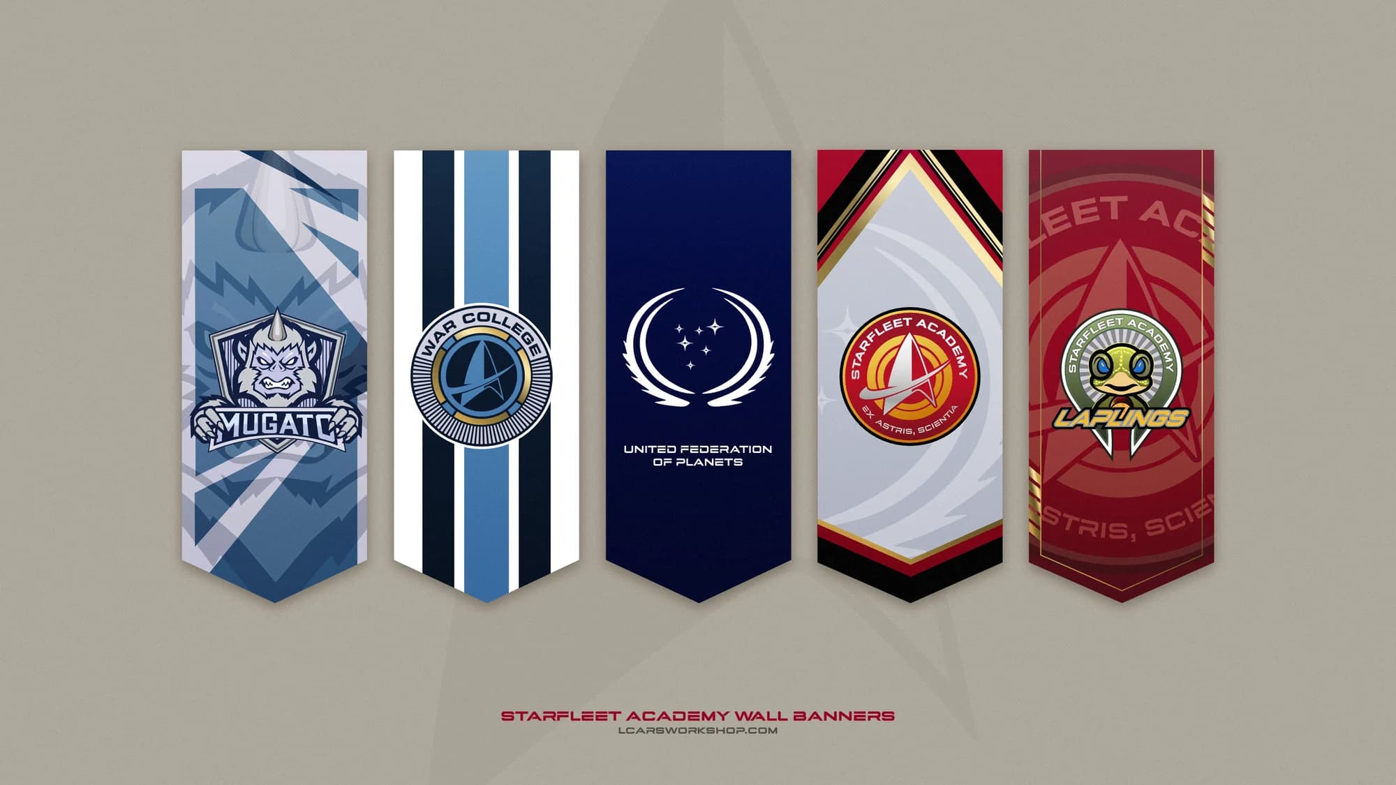 Five Starfleet Academy wall banners, including the Mugatos, War College, Federation and Laplings designs