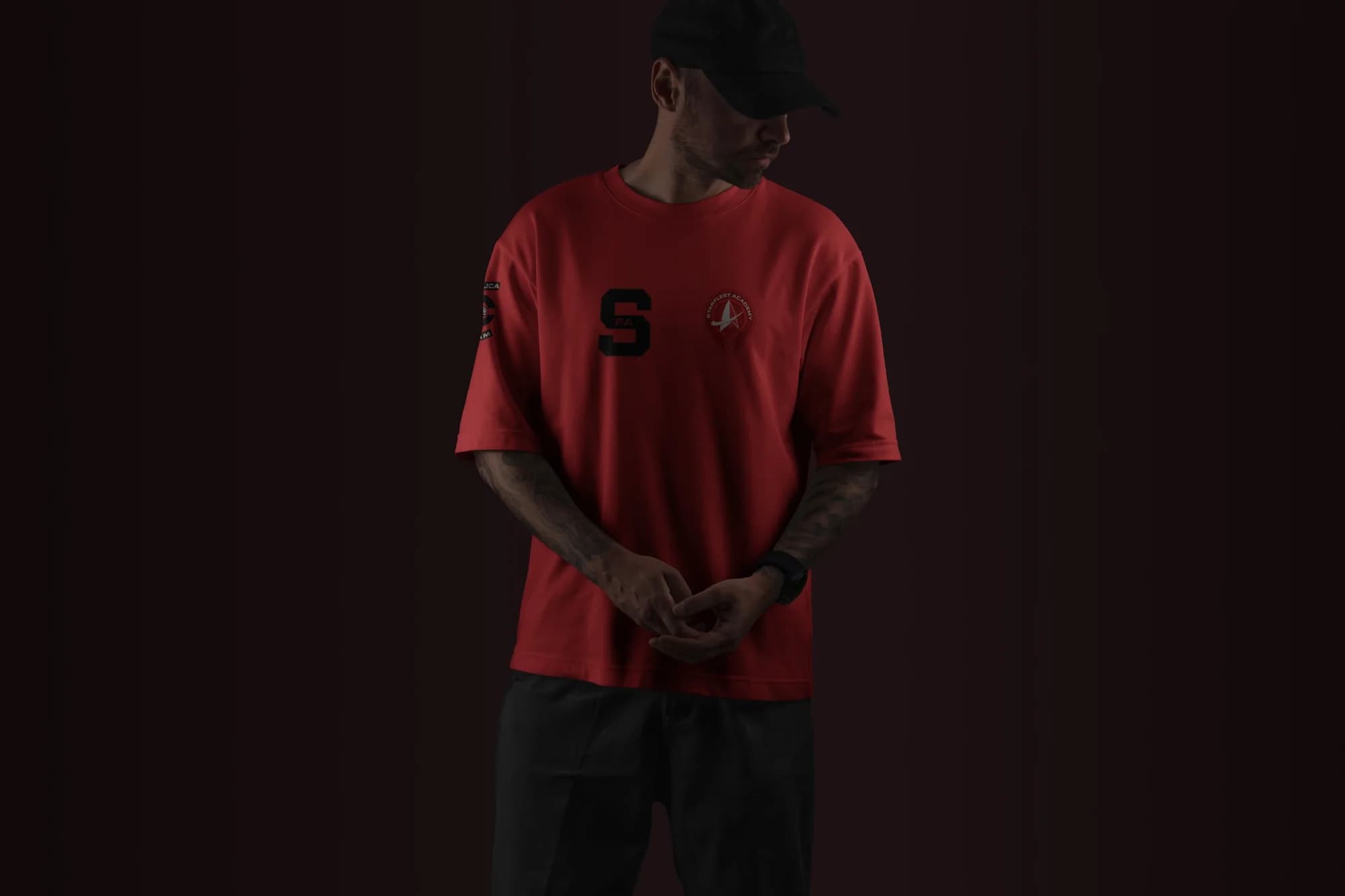 A red Starfleet Academy T-shirt with a varsity S and Academy crest