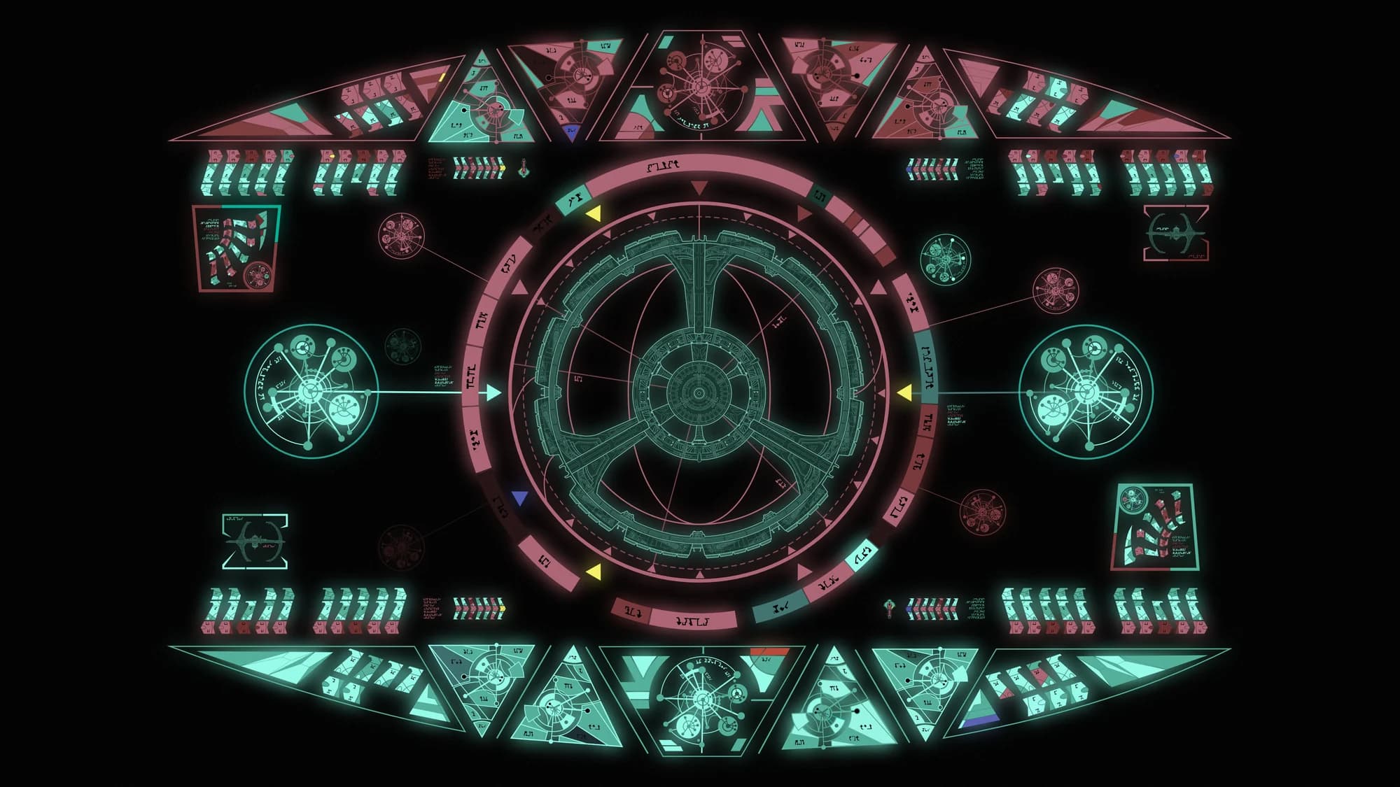 A Cardassian style Deep Space Nine overview wallpaper in glowing teal and rose