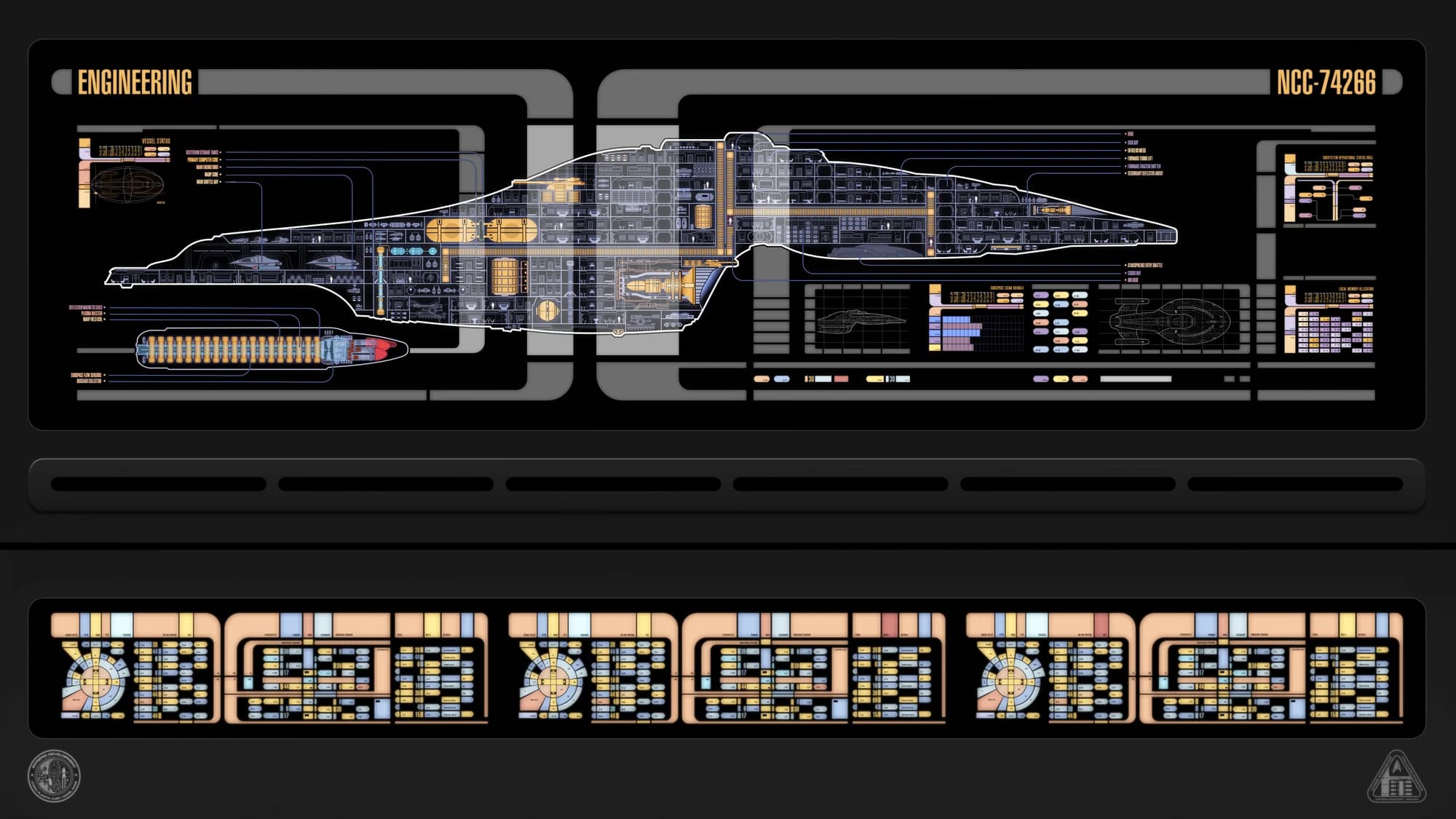An LCARS engineering station wallpaper with a full cutaway of an Intrepid class starship
