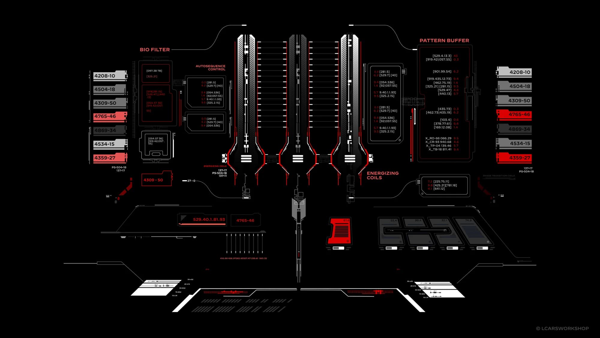 A red and white transporter control wallpaper with bio filter, pattern buffer and energizing coil readouts