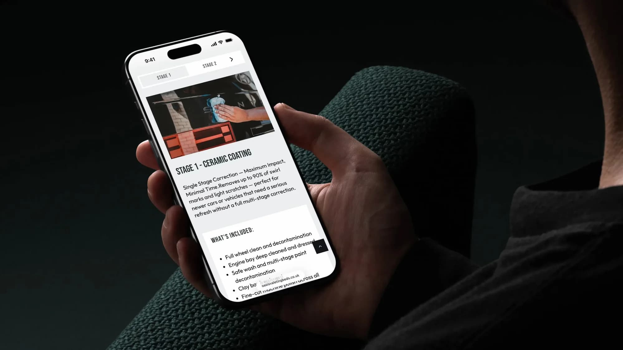 The Oasis ceramic coating service page on an iPhone, listing what’s included