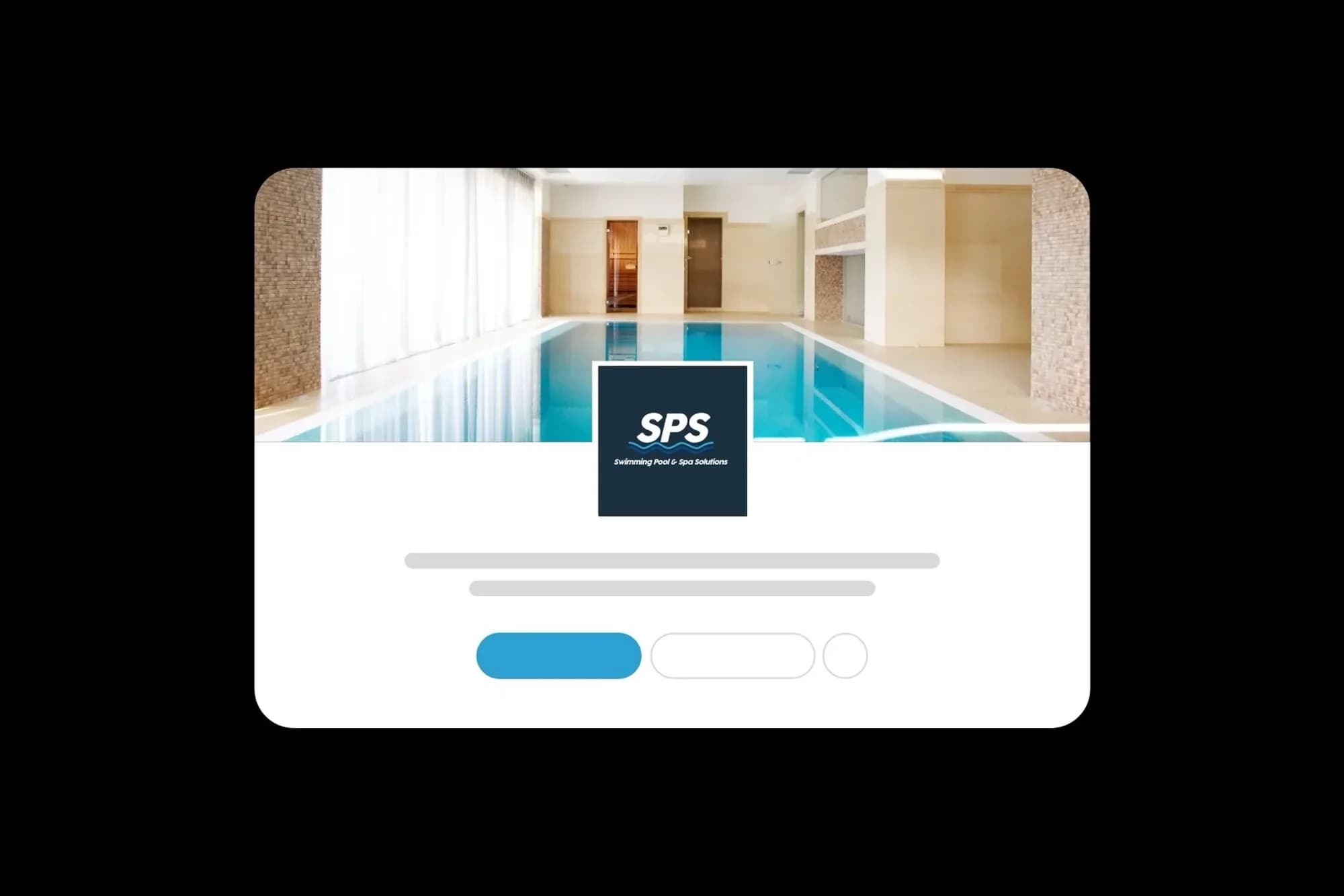 A card with a pool photo and the SPS logo, with placeholder text and buttons
