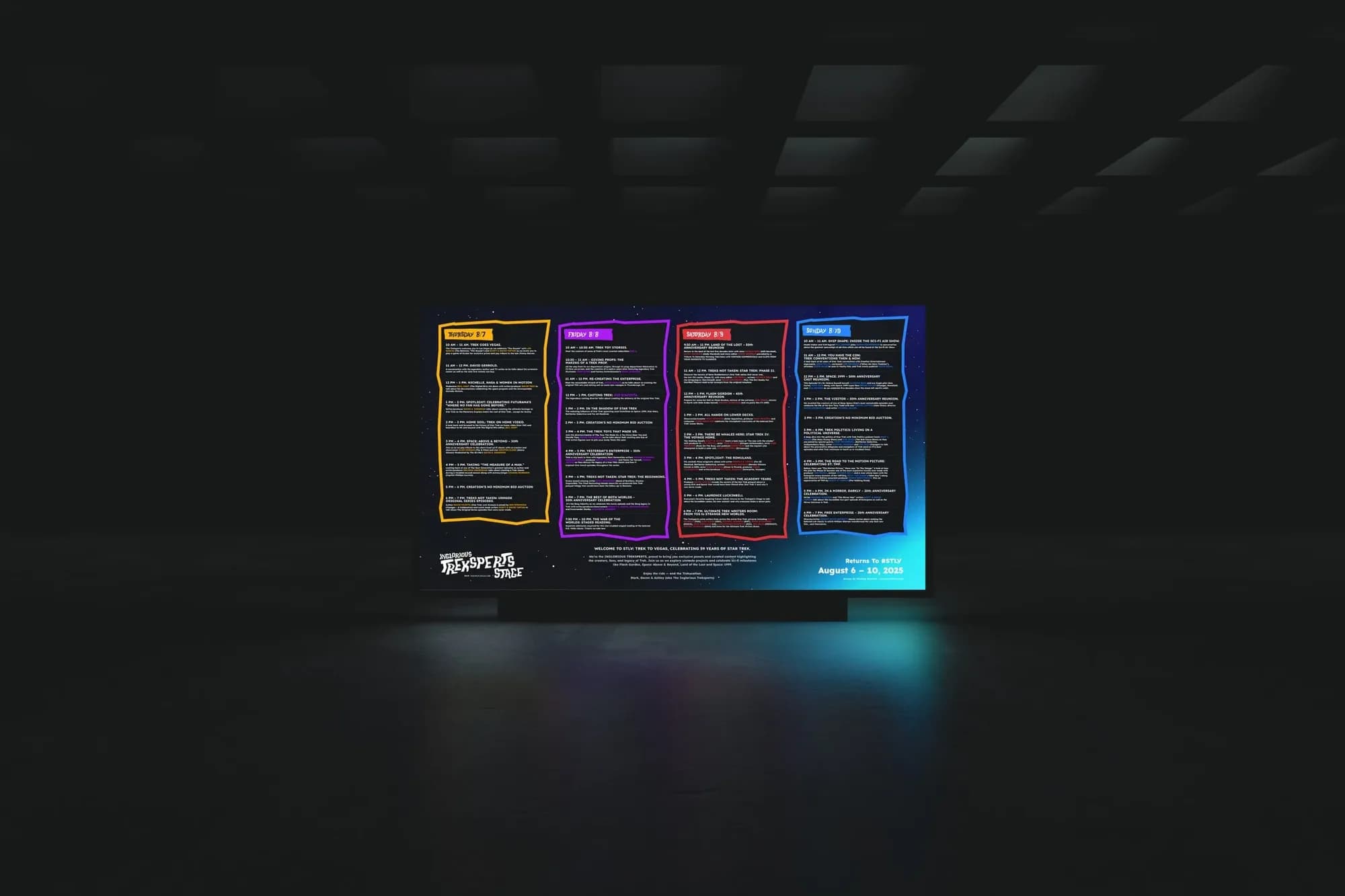 The Inglorious Treksperts Stage schedule on a giant screen: four days of panels in yellow, purple, red and blue frames